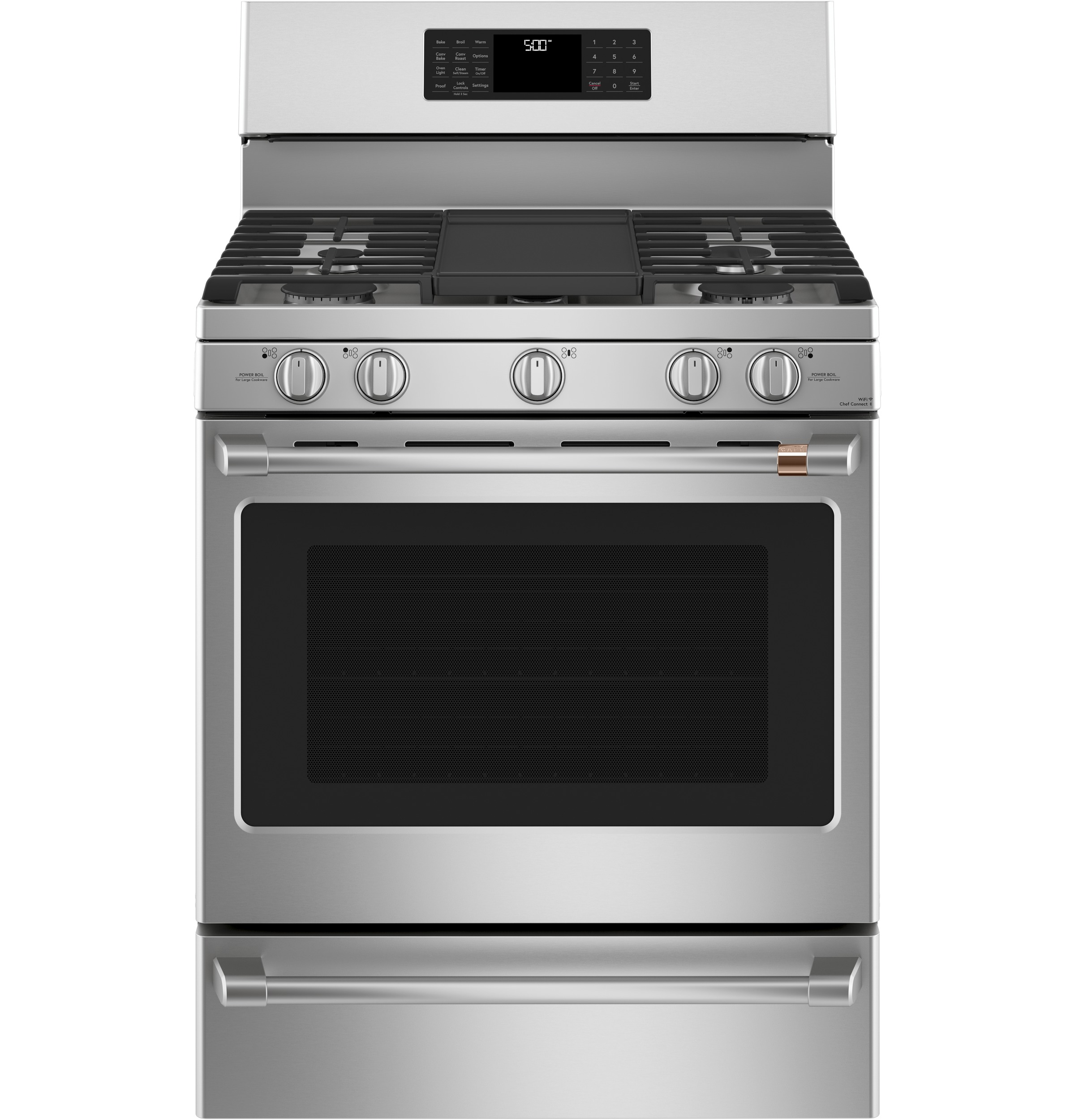 stainless steel range with brass ring around oven handle