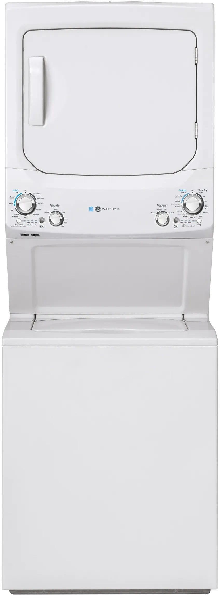 white stackable top load washer and front load dryer 