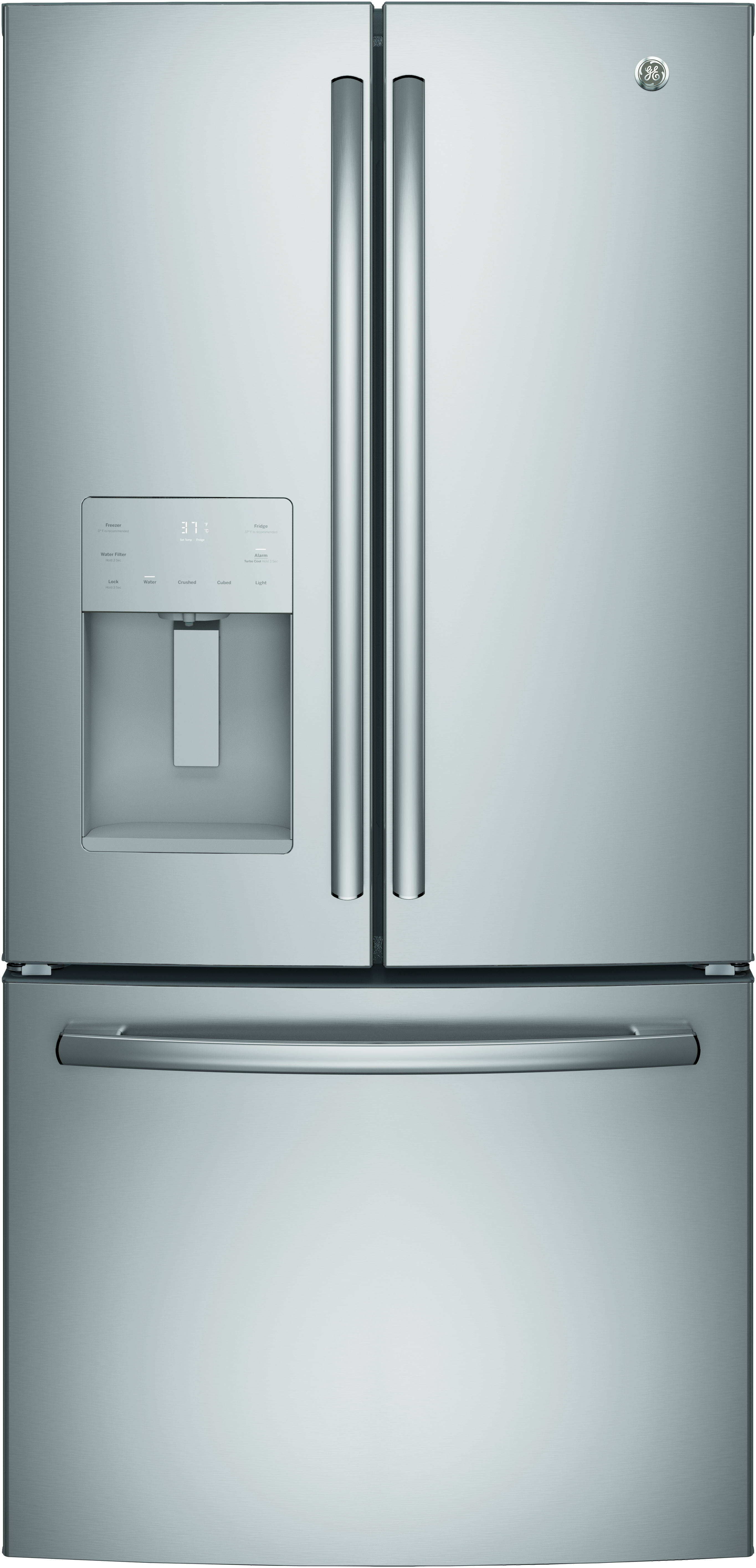 frontal view of 33 inch French door refrigerator 