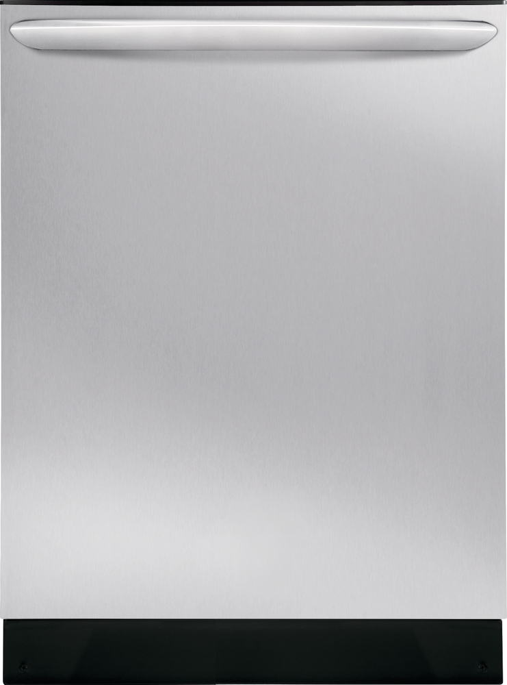 stainless steel dishwasher with light reflecting in corners of dishwasher frame