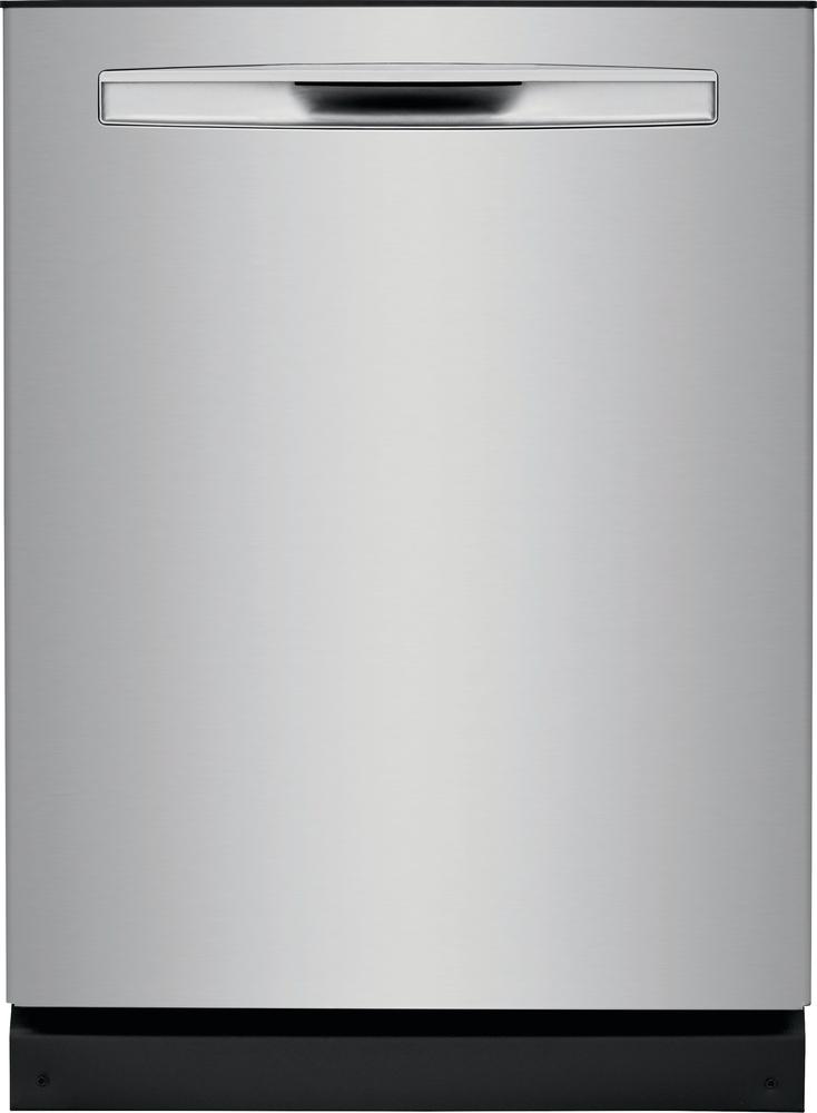 stainless steel dishwasher with rectangular handle and black bottom accent piece