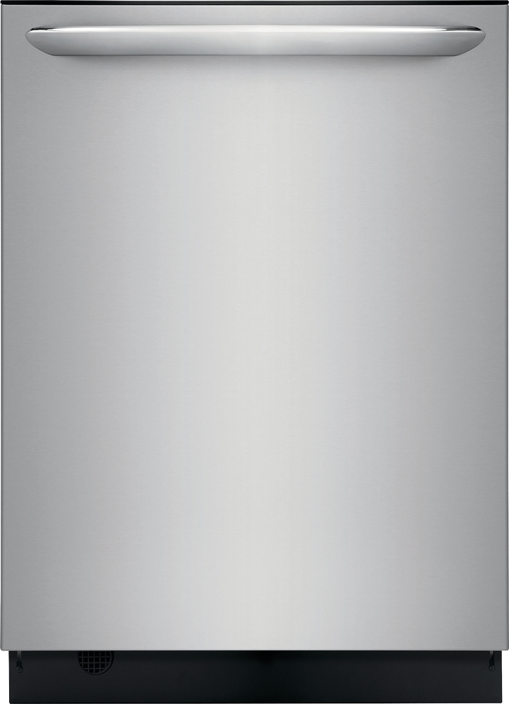 stainless steel dishwasher with black bottom accent and light reflecting down center of frame 