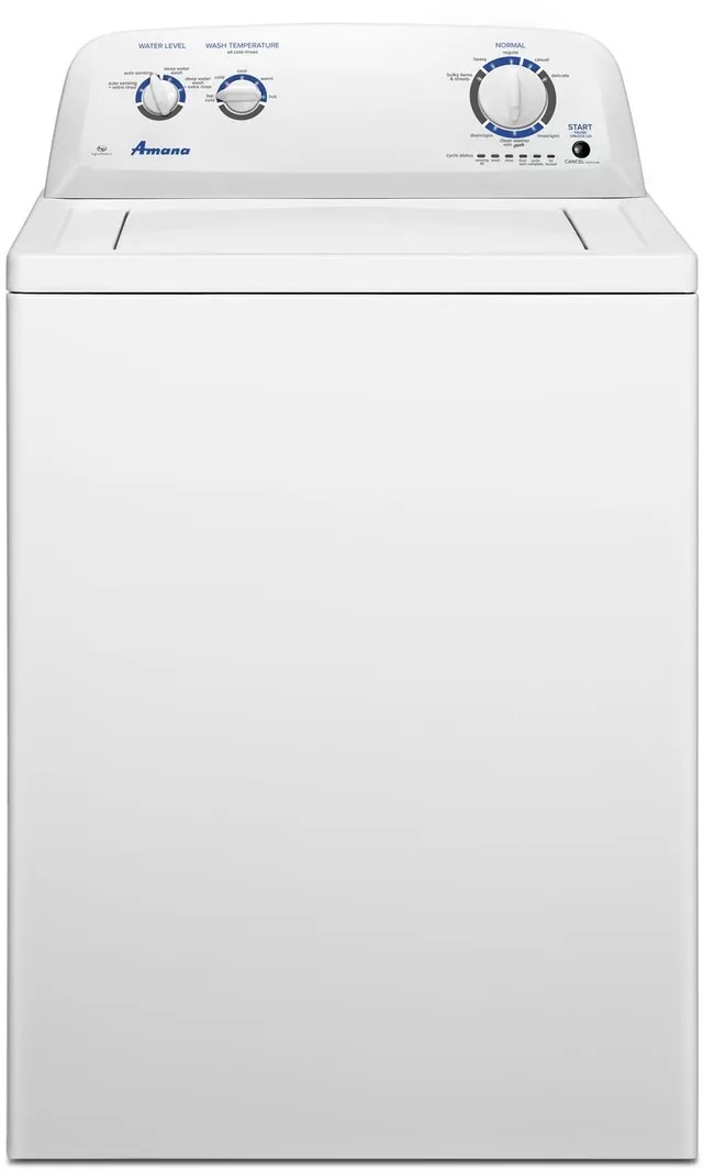 Front view of Amana NTW4516FW top load washing machine 