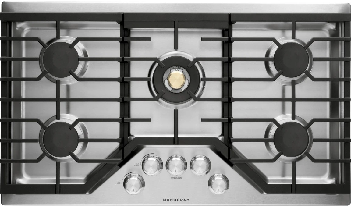 Overhead view of the Monogram ZGU36RSLSS 36” gas cooktop 