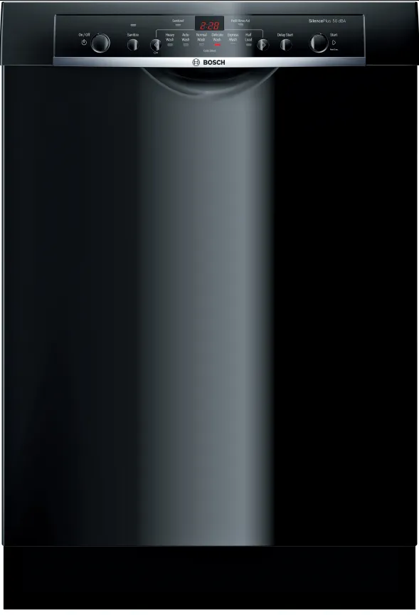 Front view of the Bosch SHE3AR76UC black dishwasher 