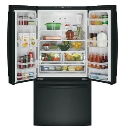 GE GNE25JGKBB black refrigerator with its doors open and stocked with various foods. 