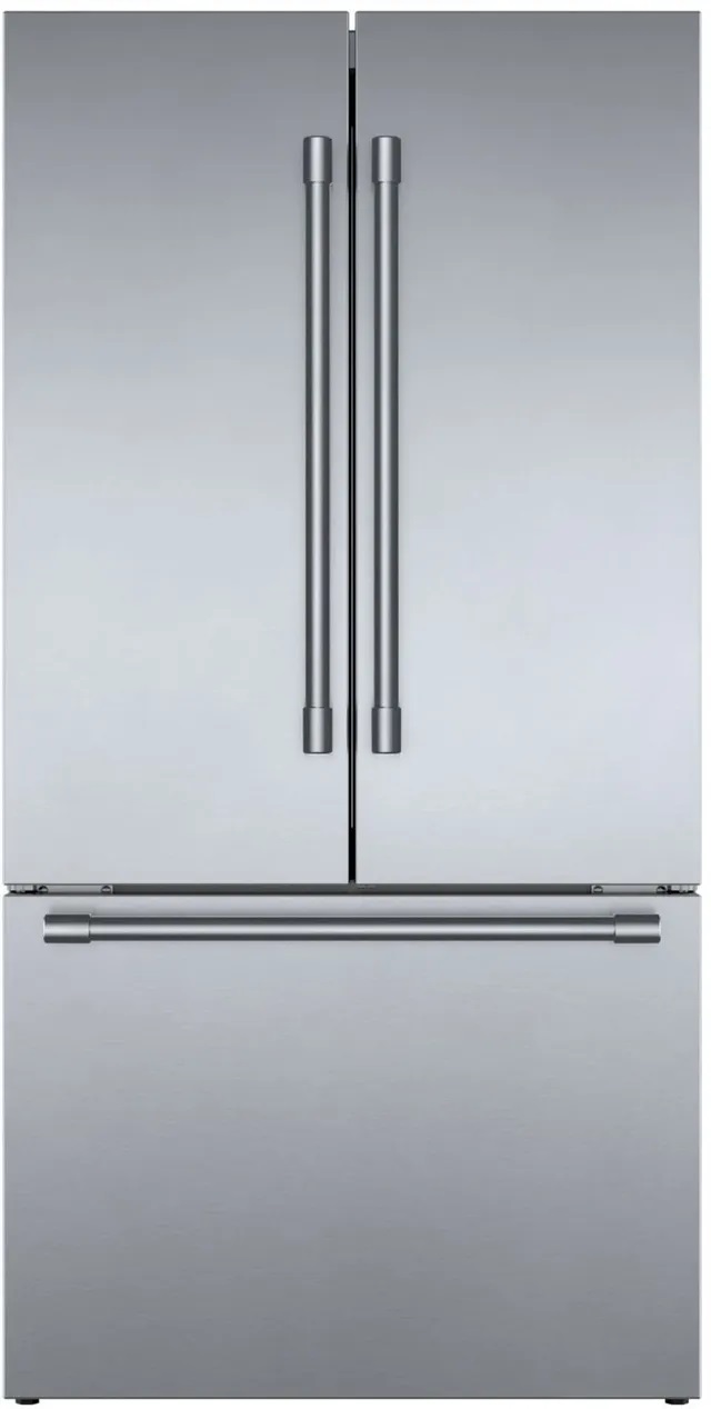frontal view of stainless steel refrigerator