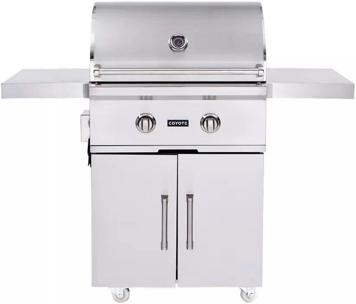 Stock photo of a stainless steel freestanding liquid propane Coyote grill.