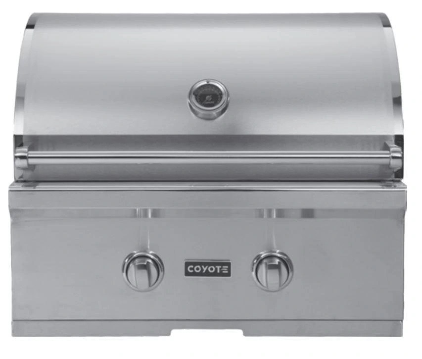 Stock photo of a stainless steel freestanding natural gas Coyote grill.