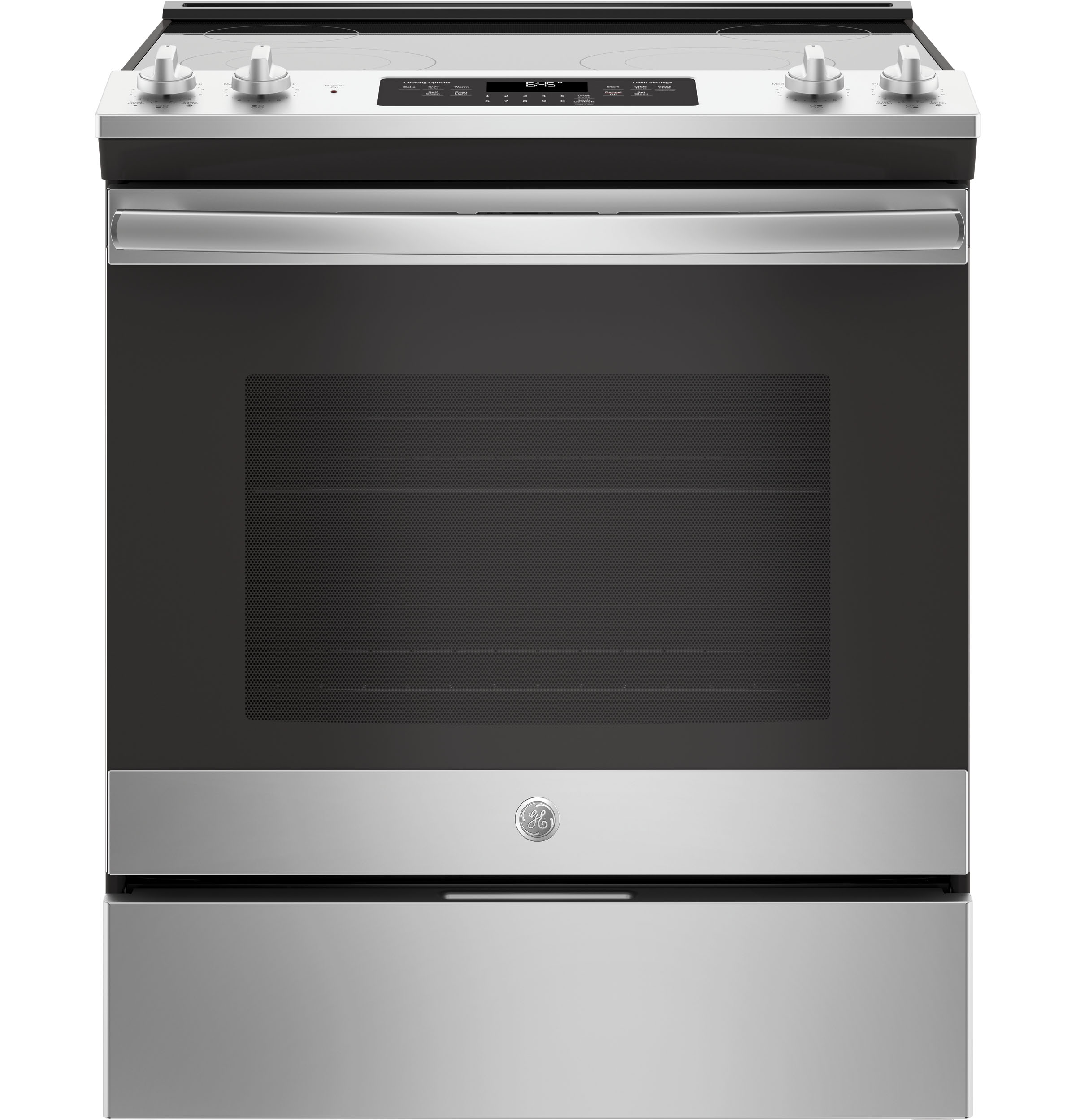 stainless steel range with black accents and front controls