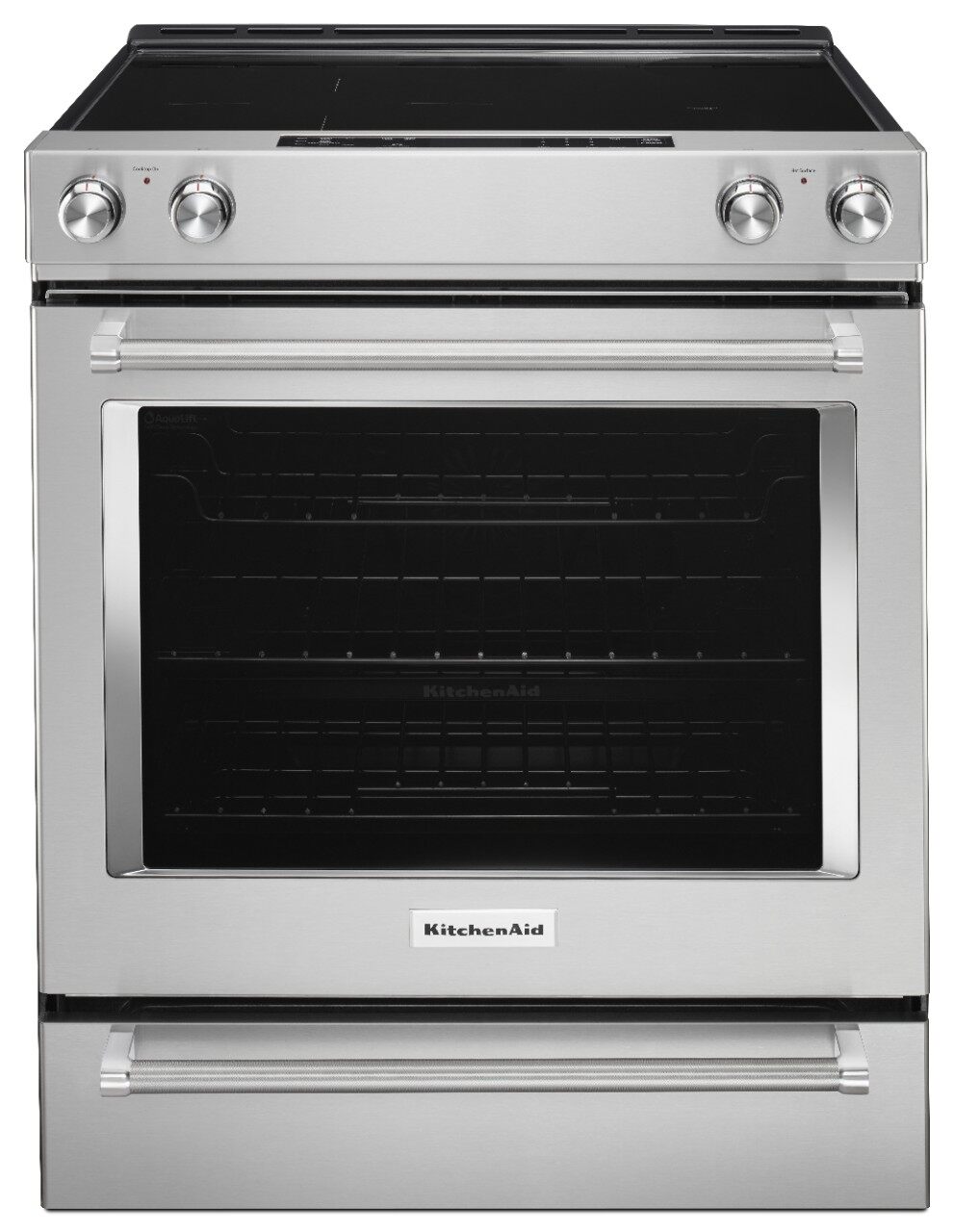 stainless steel range with black ceramic cooking surface