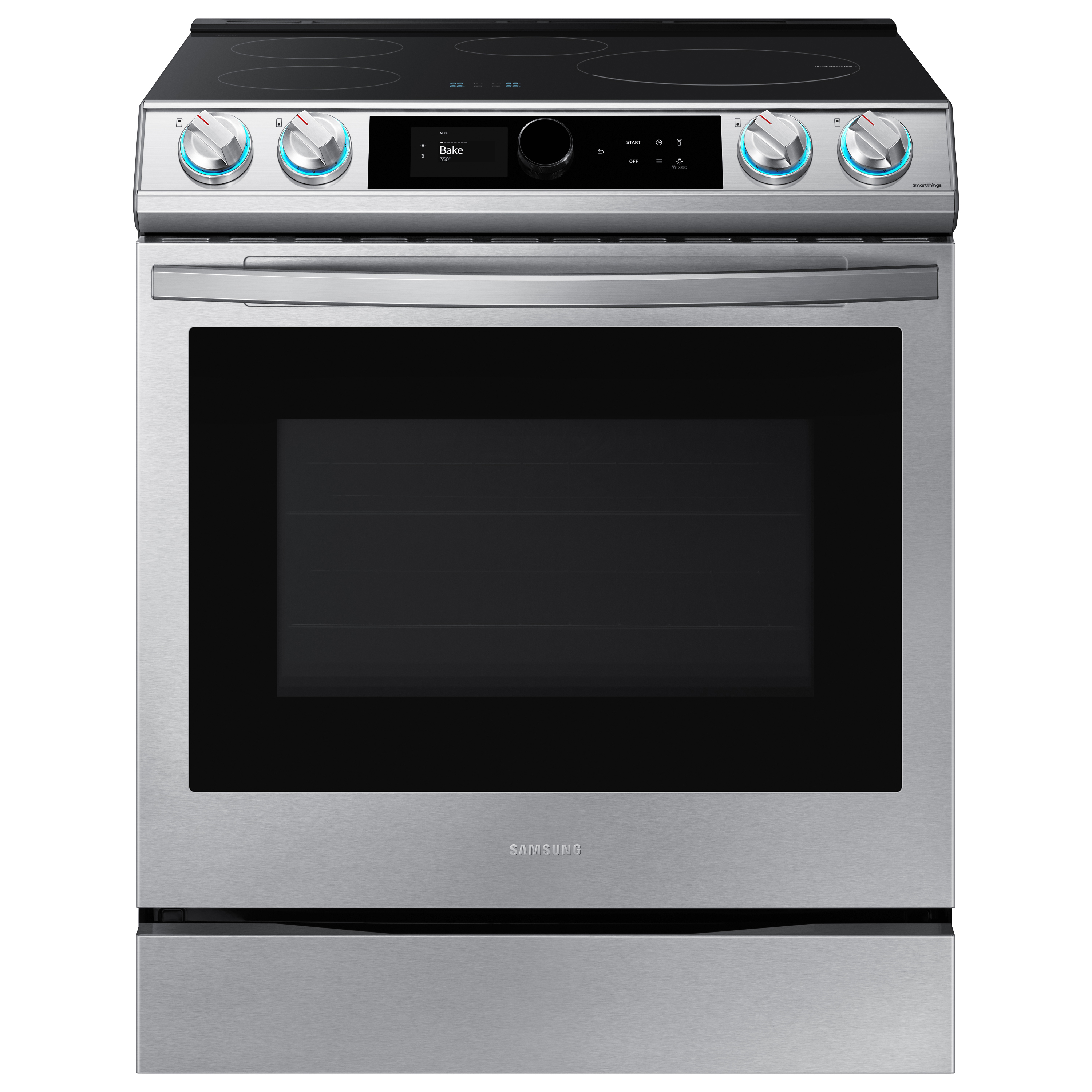 stainless steel range with blue illuminated knobs