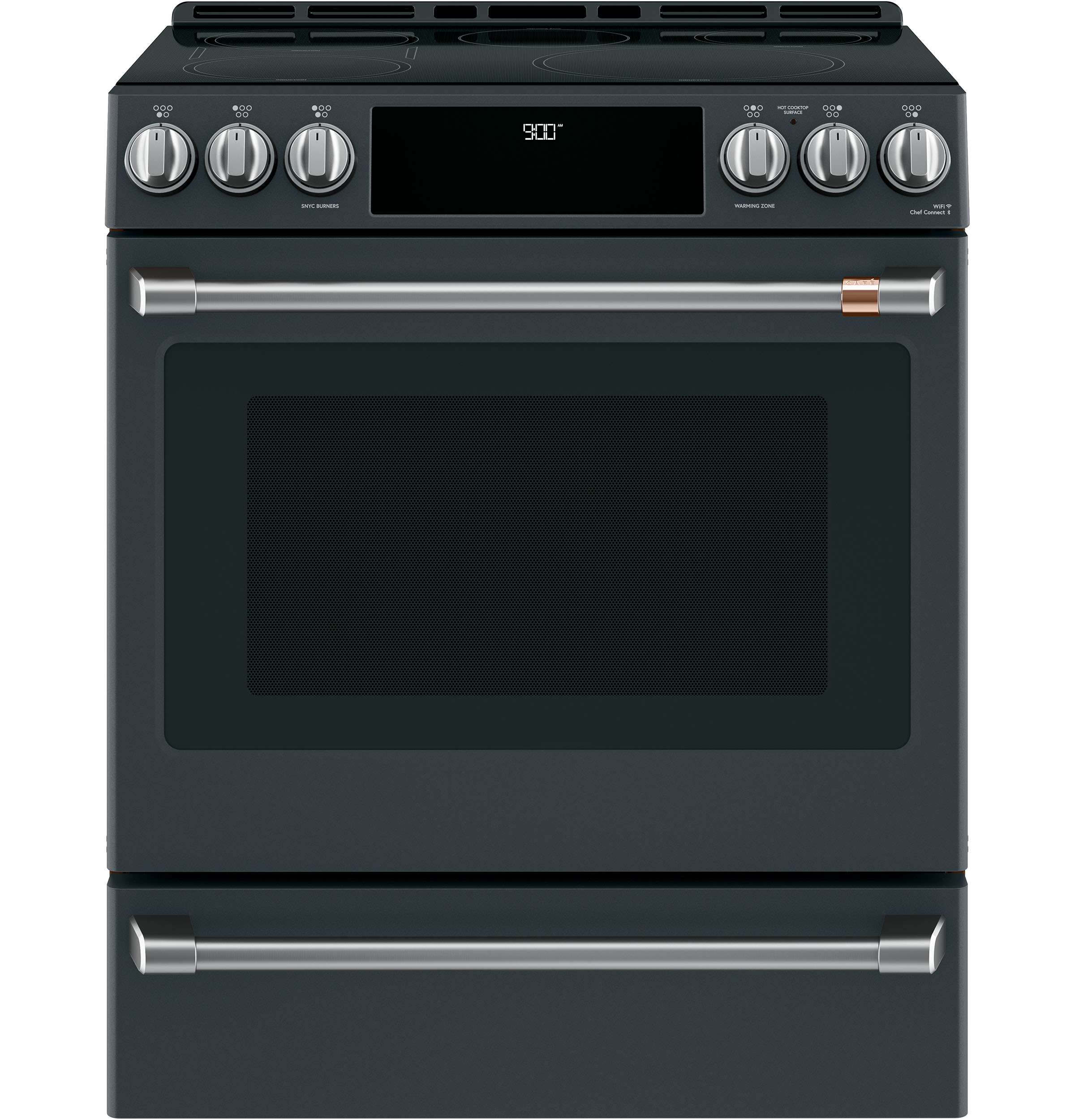 matte black range with stainless steel accents and front controls