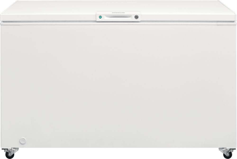 Front view of Frigidaire FFFC15M4TW chest freezer with caster wheels