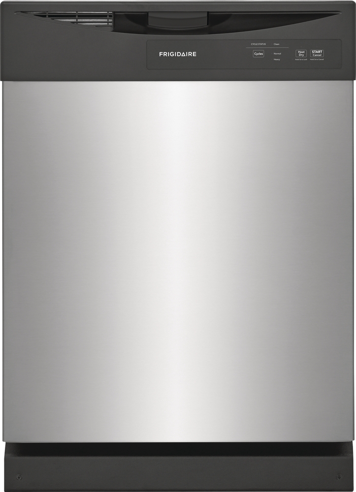 frontal view of built-in dishwasher with black accent parts