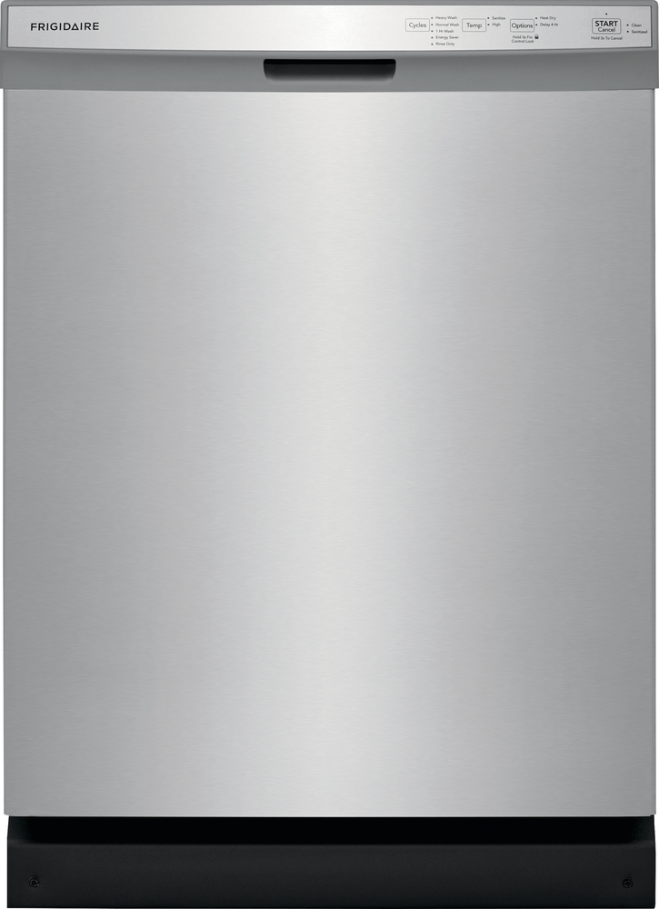 frontal view of stainless steel dishwasher with black accent