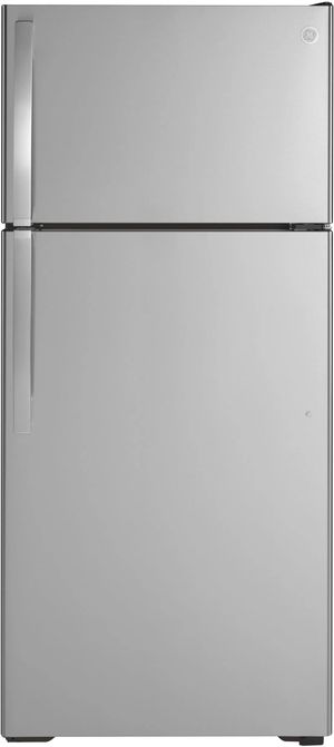 Front view of GE GIE17GSNRSS top freezer refrigerator with ice maker