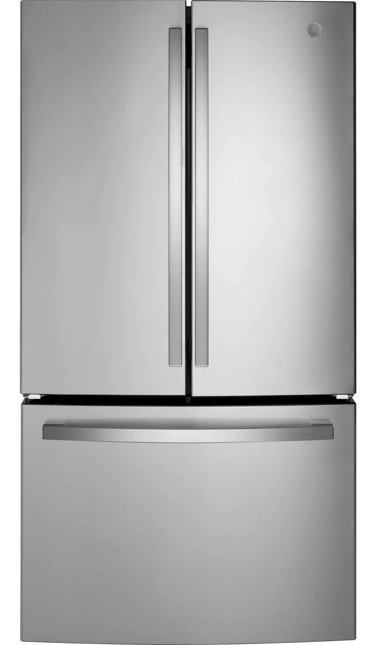 Front view of GE GNE27JYMFS French door refrigerator 