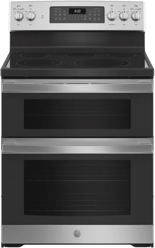 Front view of GE JBS86SPSS 30-inch double oven electric range 