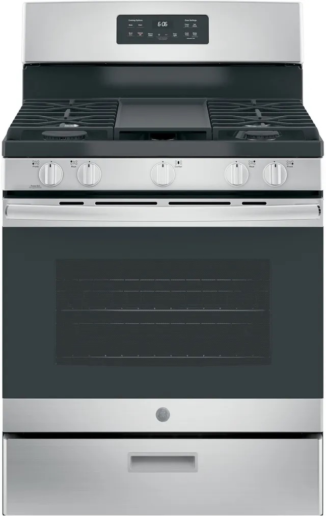 Front view of GE JGBS66REKSS 30-inch freestanding gas range 