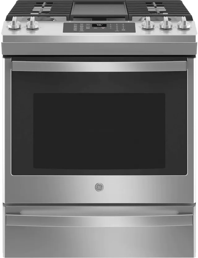Front view of GE JGS760SPSS 30-inch gas slide in convection range 