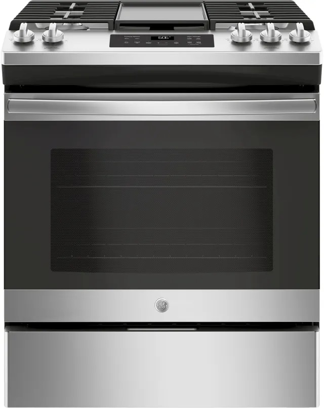Front view of GE JGSS66SELSS 30-inch slide in gas range 