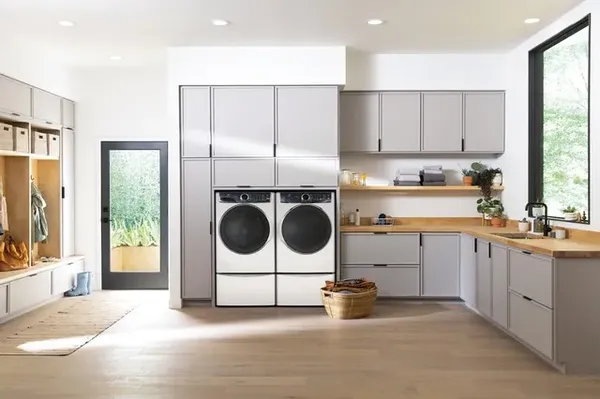 Electrolux SELFW7637AW front load washer shown with a matching dryer 