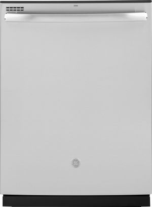 Stock photo of a stainless steel GE brand dishwasher.