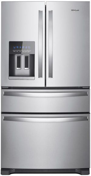 Stock photo of a stainless steel Whirlpool brand French door refrigerator.