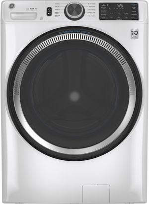 Stock photo of a white GE brand front load washing machine. 
