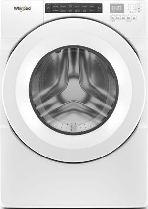 Stock photo of a white Whirlpool brand front load washing machine.