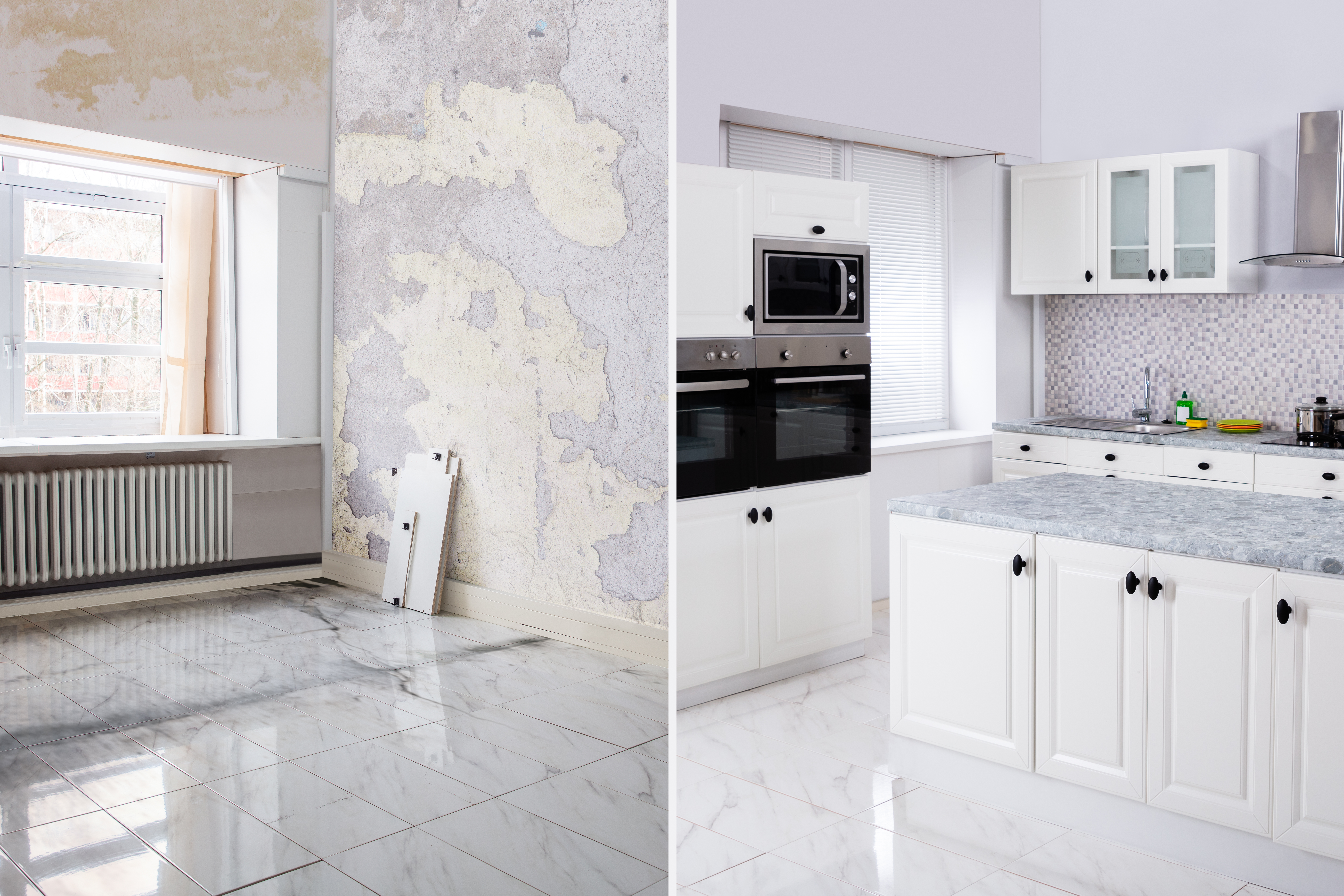 A side-by-side of a kitchen wall with old plastering next to a remodeled kitchen 