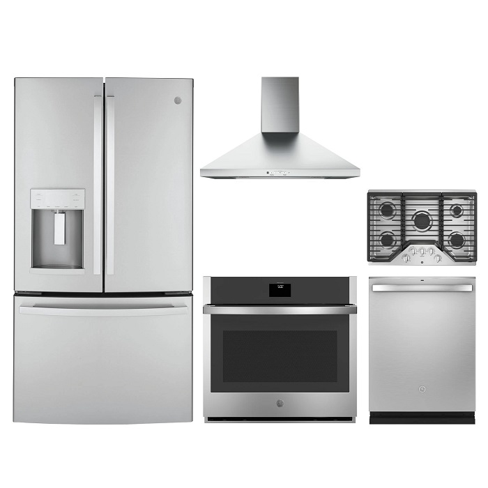 Stock photo of a stainless steel GE 5 piece kitchen appliance package. 