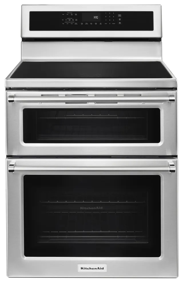 Front view of KitchenAid KFID500ESS 30-inch double oven induction range 