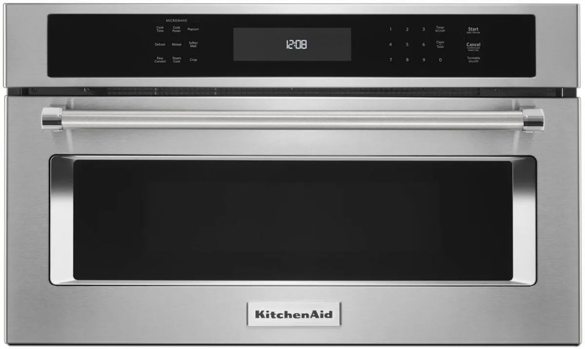 Front view of KitchenAid KMBP100ESS built-in speed oven microwave 