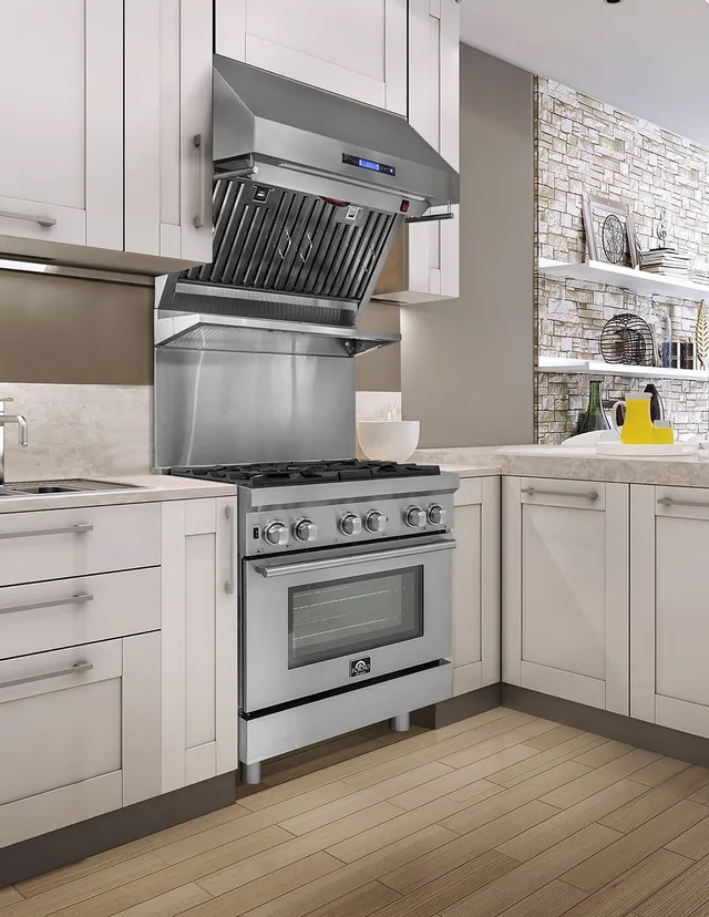 The FORNO Alta Qualita FFSGS6125-30 dual fuel range in a kitchen 