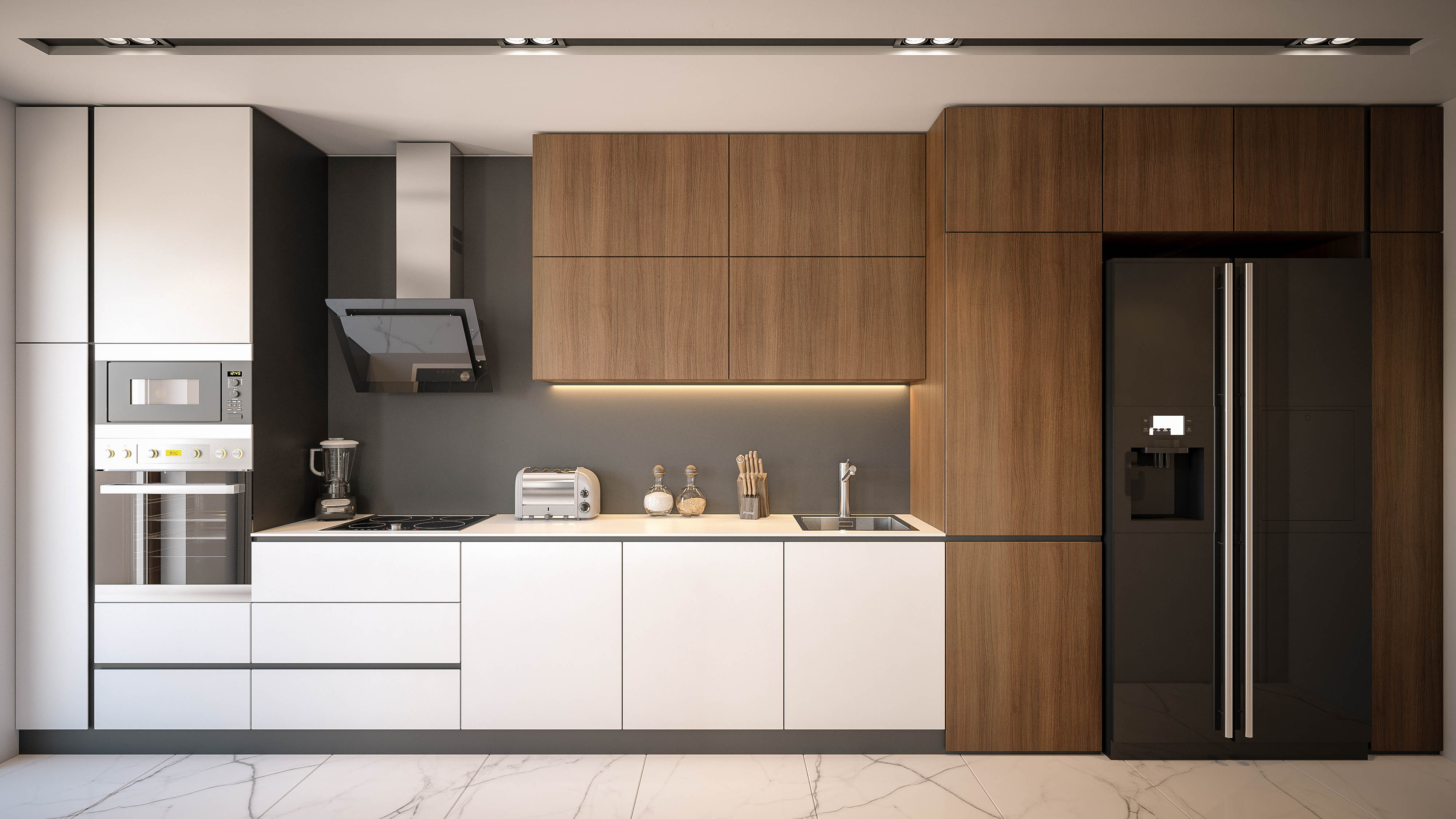 A wide view of a modern kitchen with wooden cabinets and black appliances 