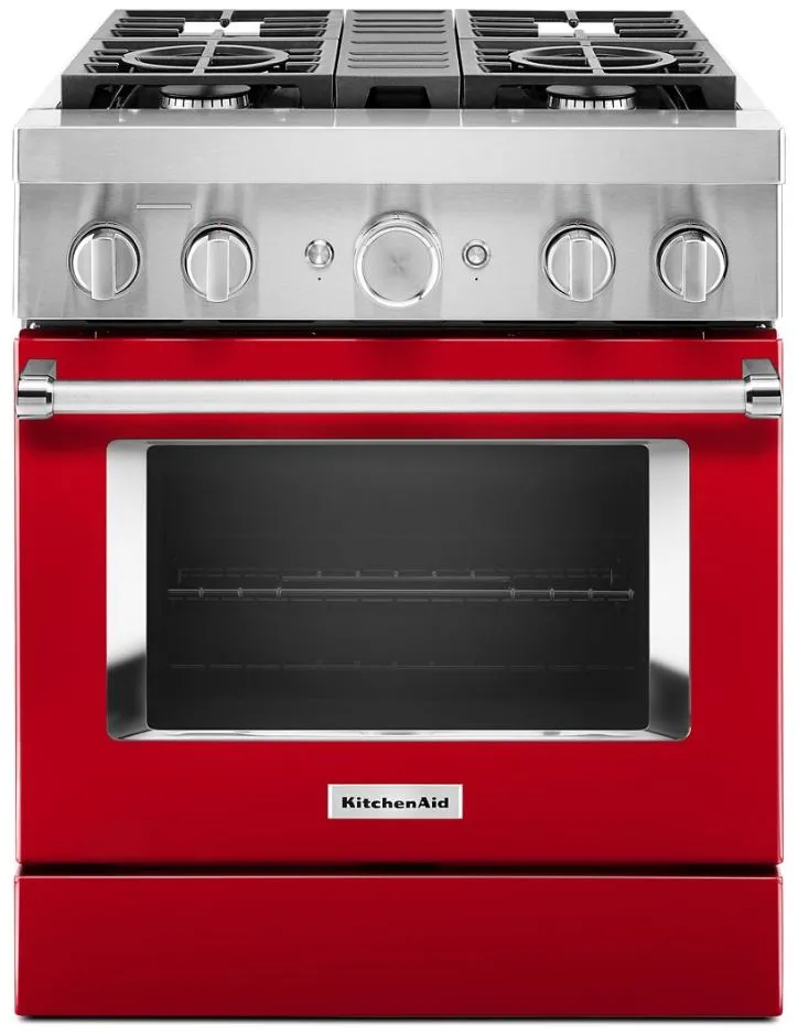 Front view of the KitchenAid KFDC500JPA 30” dual fuel range 