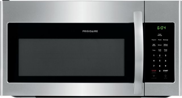 Stock photo of a stainless-steel Frigidaire brand over the range microwave.
