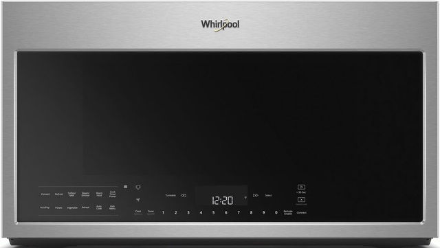 Stock photo of a stainless-steel Whirlpool brand over the range microwave.