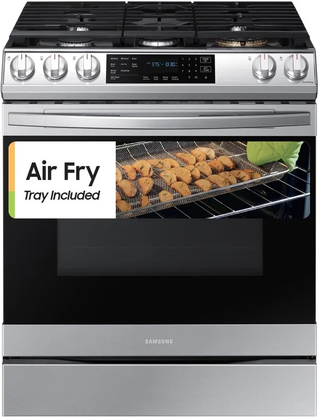 Front view of Samsung NX60T8511SS 30-inch Air Fry gas slide in range 