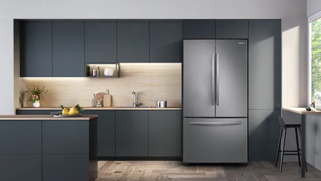The Samsung RF28T5001SR French door refrigerator shown in a kitchen 