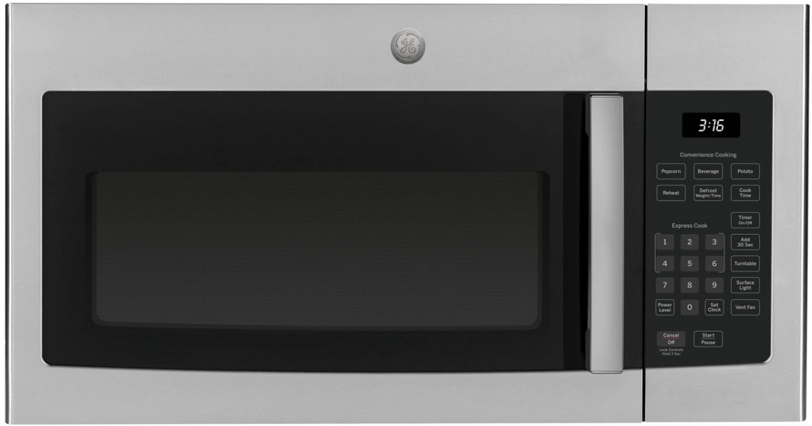 Front view of the GE JVM3160RFSS over-the-range microwave 