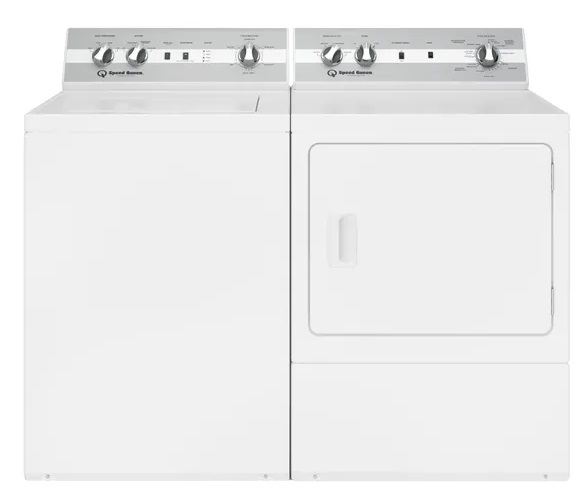 Front view of Speed Queen top load washer and dryer pair