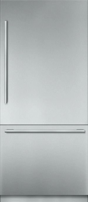 Stainless steel Thermador refrigerator with bottom freezer. 