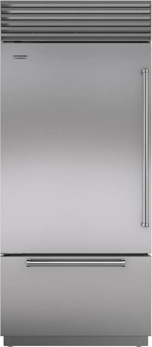 Stainless steel Sub Zero refrigerator with bottom freezer.