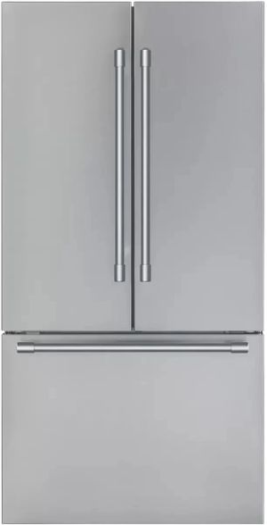 Stainless steel Thermador French door refrigerator with bottom freezer.