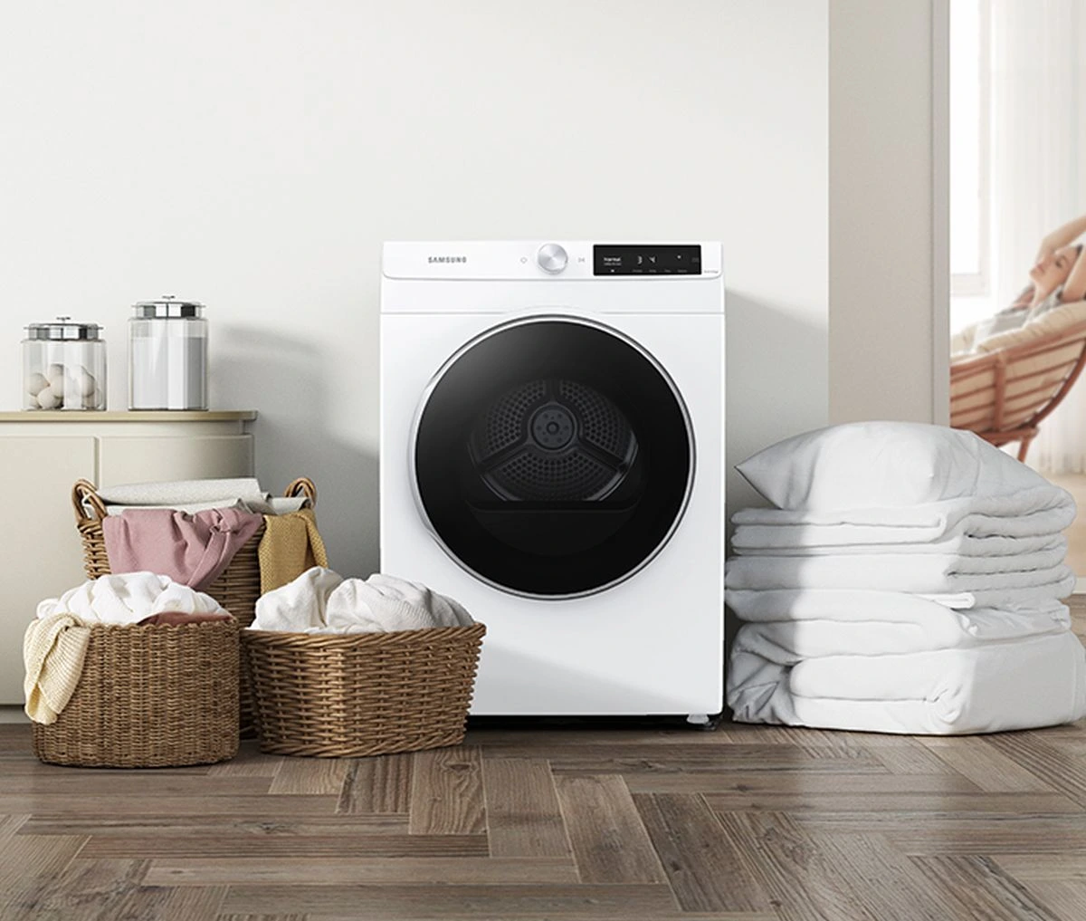 The Samsung DV25B6900EW front load electric dryer in a laundry room 