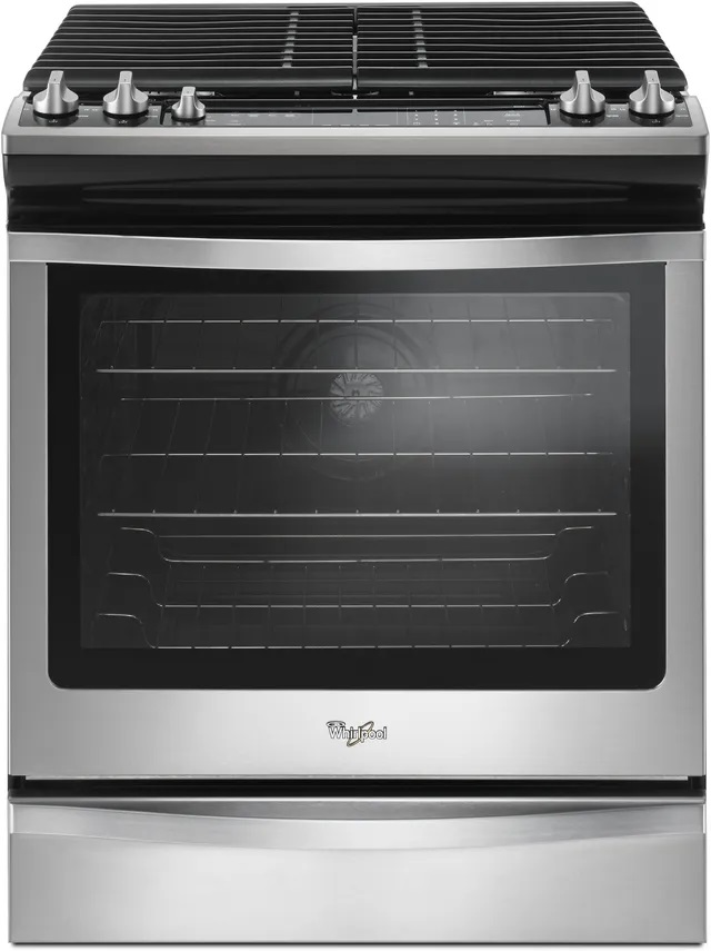 Front view of Whirlpool WEG745H0FS 30-inich gas slide in range 