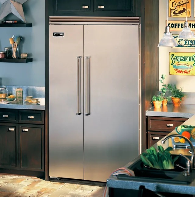 Viking built-in side-by-side refrigerator in stainless steel